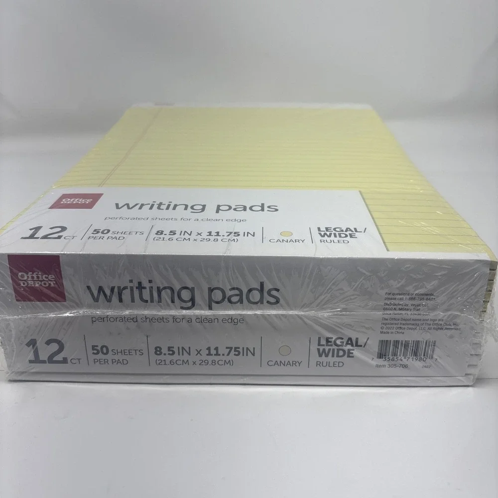Office Depot Writing Pads Canary Yellow 8.5x11.75 Legal Wide Ruled 12 pk 305-706
